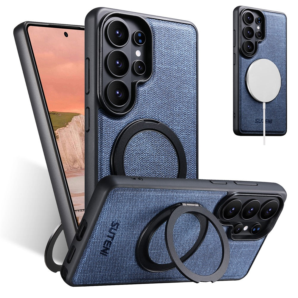 SUTENI G3 For Samsung Galaxy S26 Ultra Magnetic Case Rotating Ring Kickstand Jeans Texture PU TPU Phone Back Cover