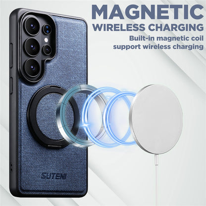 SUTENI G3 For Samsung Galaxy S26 Ultra Magnetic Case Rotating Ring Kickstand Jeans Texture PU TPU Phone Back Cover