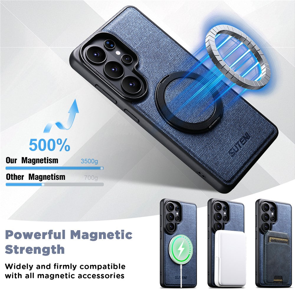 SUTENI G3 For Samsung Galaxy S26 Ultra Magnetic Case Rotating Ring Kickstand Jeans Texture PU TPU Phone Back Cover