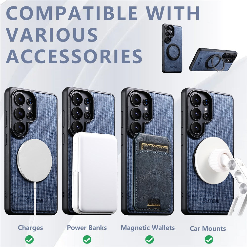 SUTENI G3 For Samsung Galaxy S26 Ultra Magnetic Case Rotating Ring Kickstand Jeans Texture PU TPU Phone Back Cover
