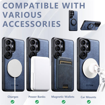 SUTENI G3 For Samsung Galaxy S26 Ultra Magnetic Case Rotating Ring Kickstand Jeans Texture PU TPU Phone Back Cover