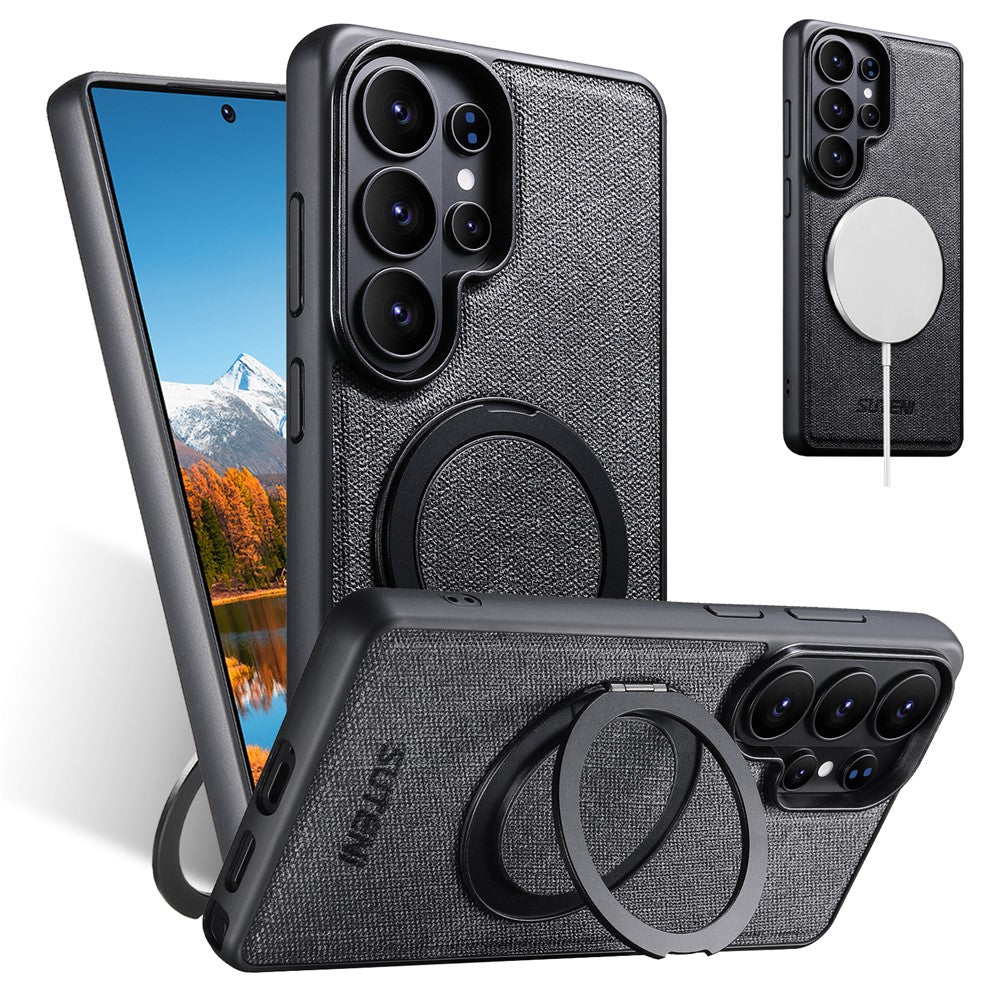 SUTENI G3 For Samsung Galaxy S26 Ultra Magnetic Case Rotating Ring Kickstand Jeans Texture PU TPU Phone Back Cover