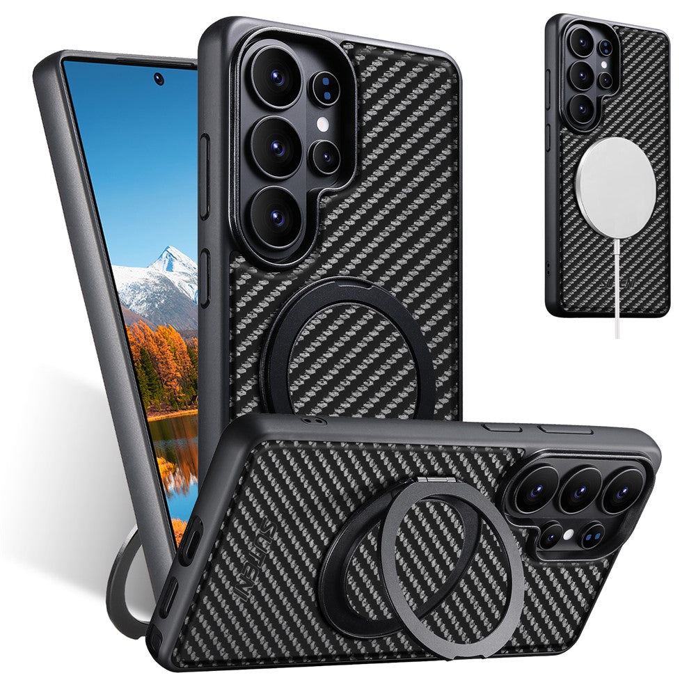 SUTENI G3 For Samsung Galaxy S26 Ultra Magnetic Case Rotating Kickstand Carbon Fiber Texture Leather Phone Back Cover