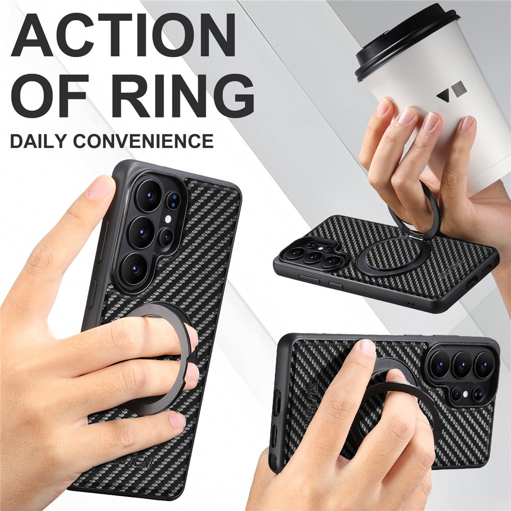 SUTENI G3 For Samsung Galaxy S26 Ultra Magnetic Case Rotating Kickstand Carbon Fiber Texture Leather Phone Back Cover