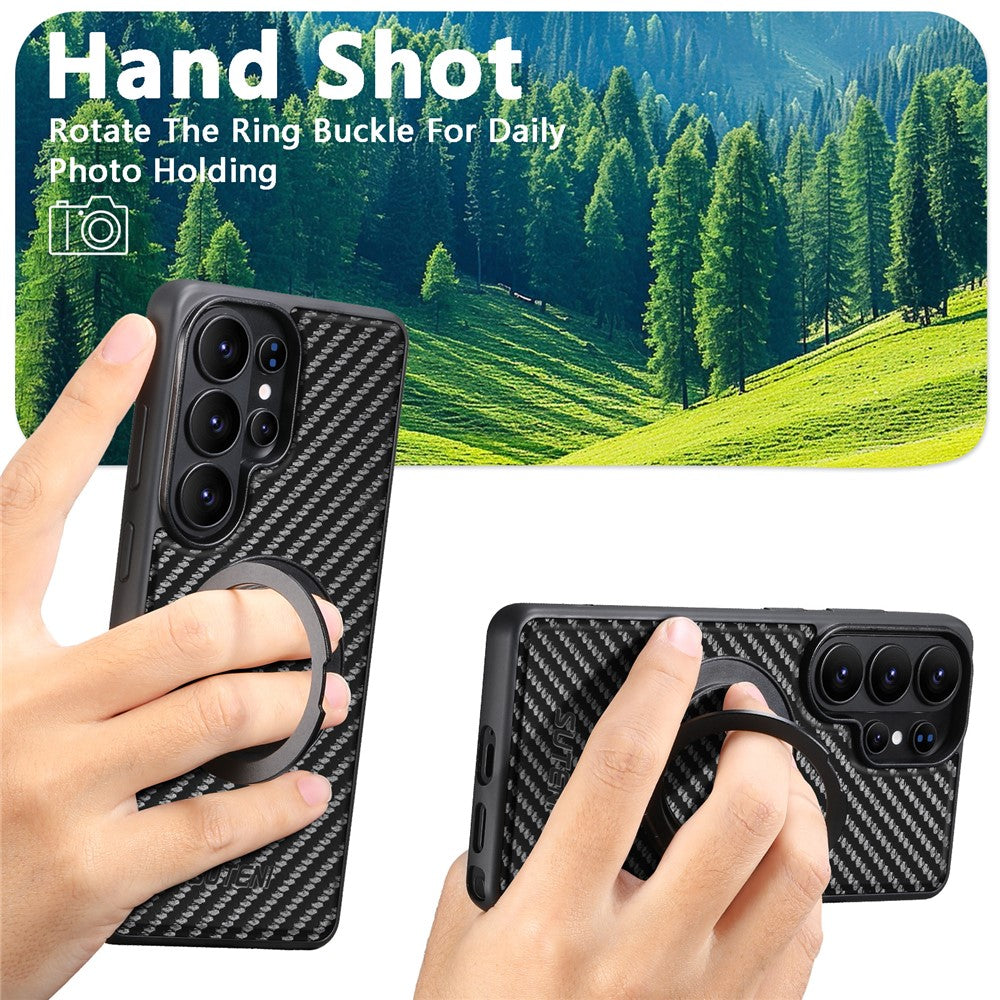 SUTENI G3 For Samsung Galaxy S26 Ultra Magnetic Case Rotating Kickstand Carbon Fiber Texture Leather Phone Back Cover
