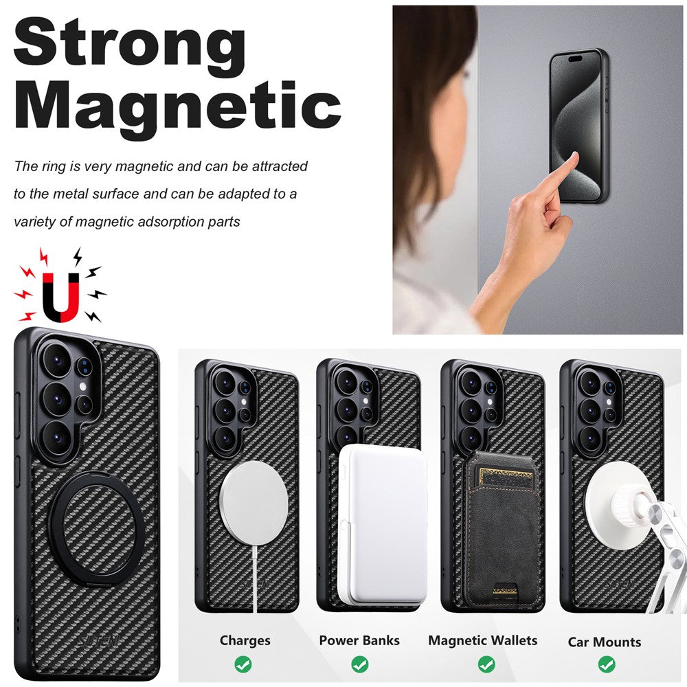 SUTENI G3 For Samsung Galaxy S26 Ultra Magnetic Case Rotating Kickstand Carbon Fiber Texture Leather Phone Back Cover