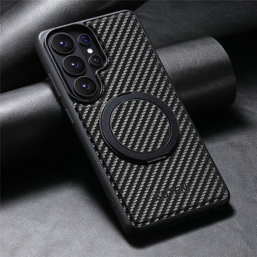 SUTENI G3 For Samsung Galaxy S26 Ultra Magnetic Case Rotating Kickstand Carbon Fiber Texture Leather Phone Back Cover