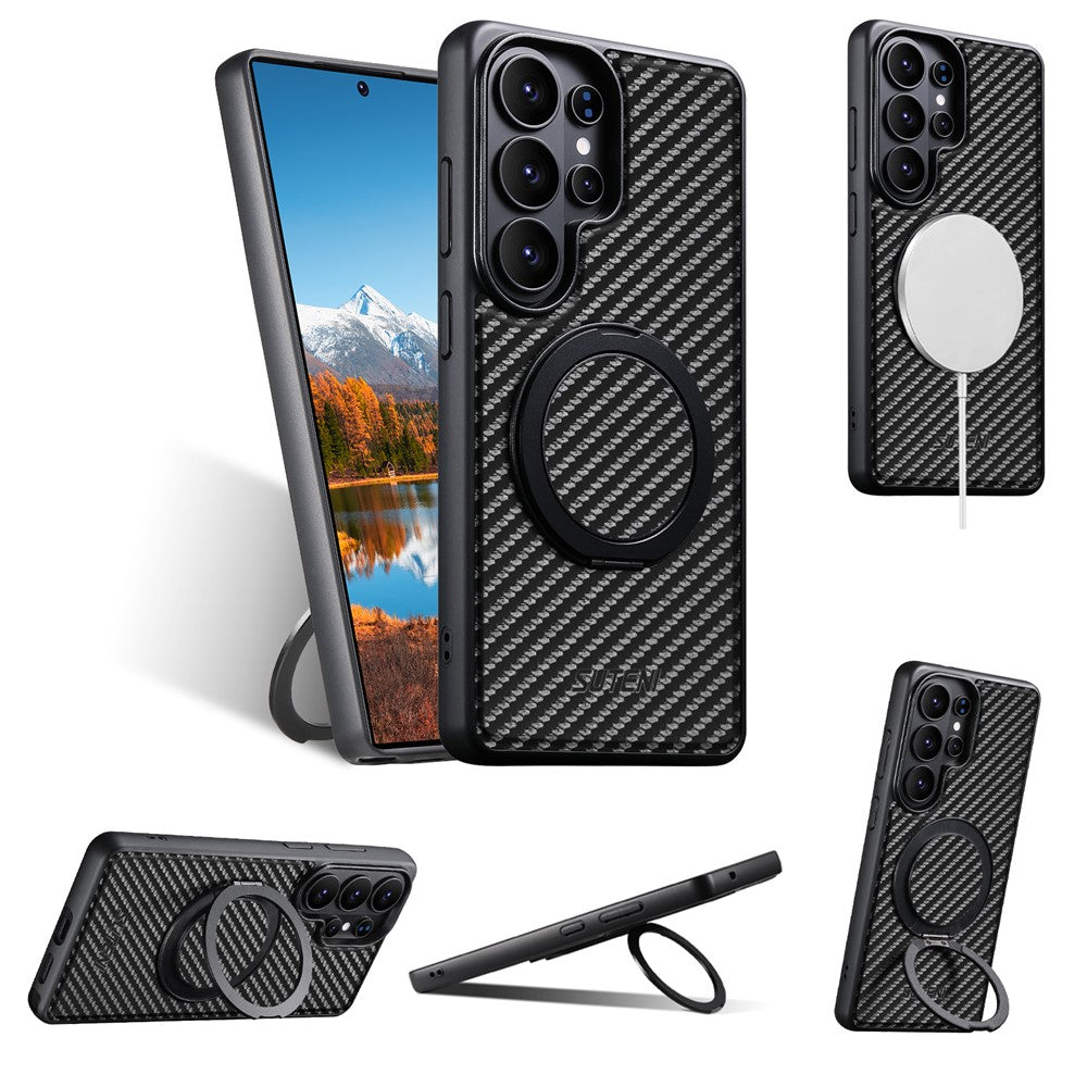 SUTENI G3 For Samsung Galaxy S26 Ultra Magnetic Case Rotating Kickstand Carbon Fiber Texture Leather Phone Back Cover