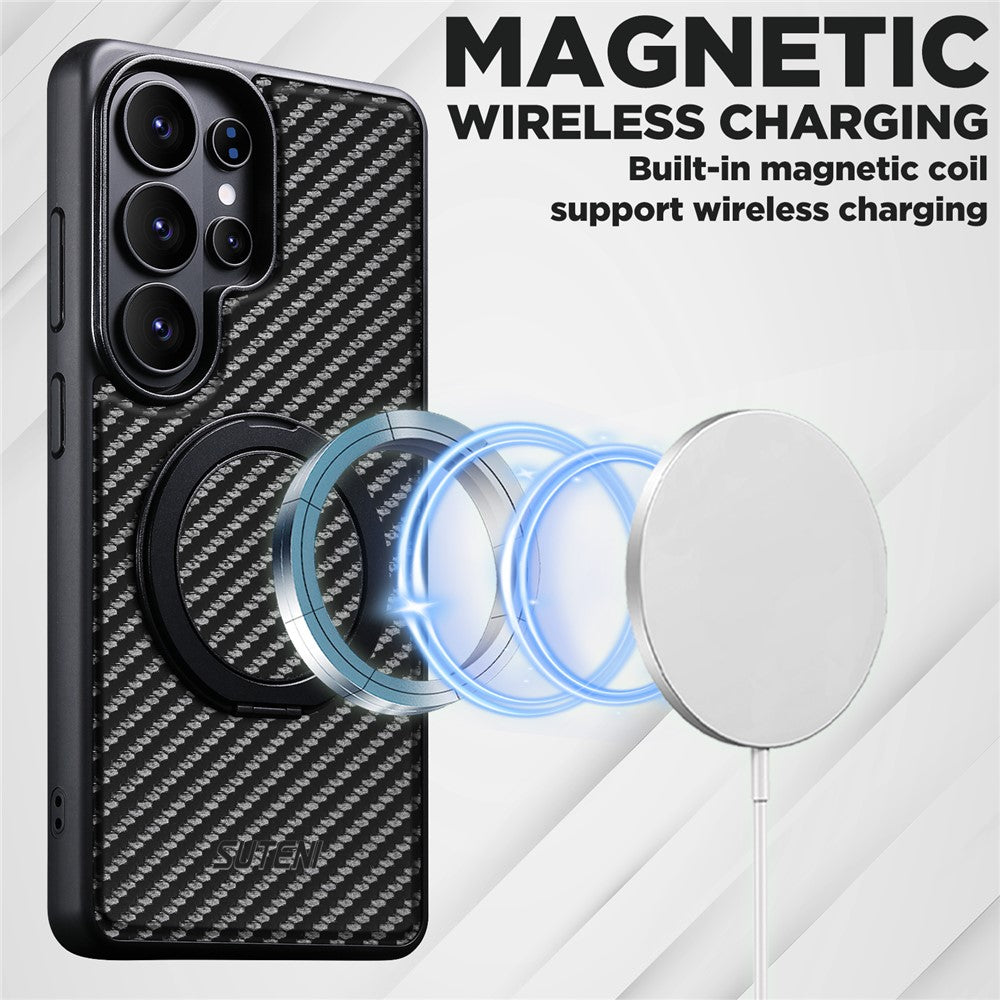 SUTENI G3 For Samsung Galaxy S26 Ultra Magnetic Case Rotating Kickstand Carbon Fiber Texture Leather Phone Back Cover