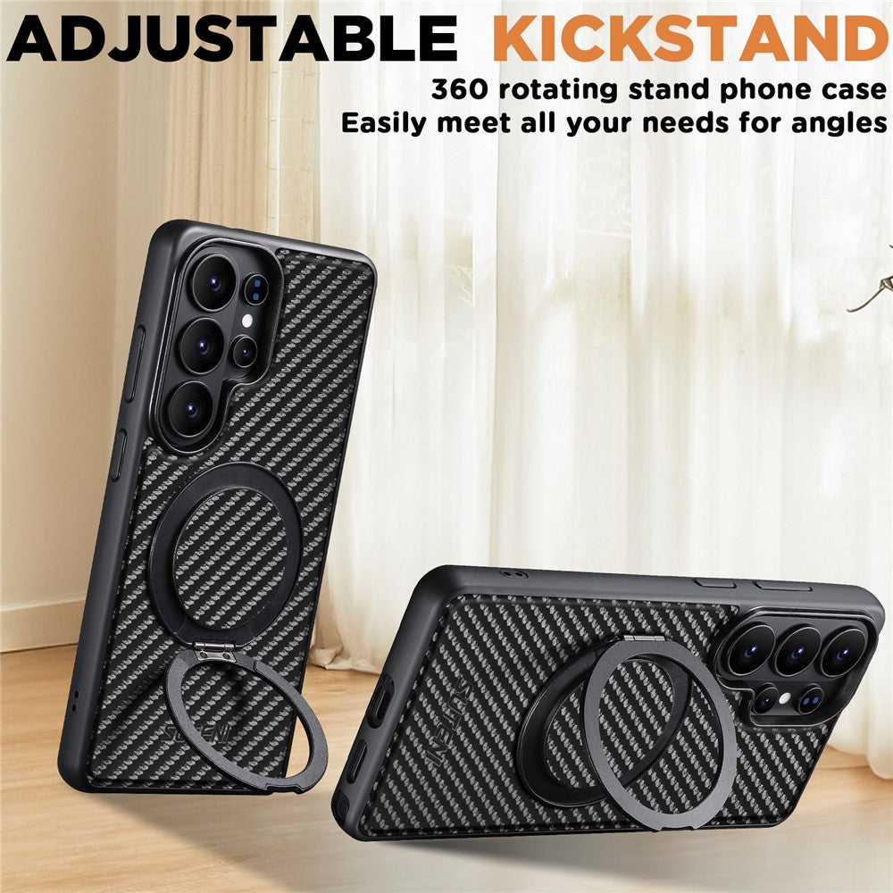 SUTENI G3 For Samsung Galaxy S26 Ultra Magnetic Case Rotating Kickstand Carbon Fiber Texture Leather Phone Back Cover