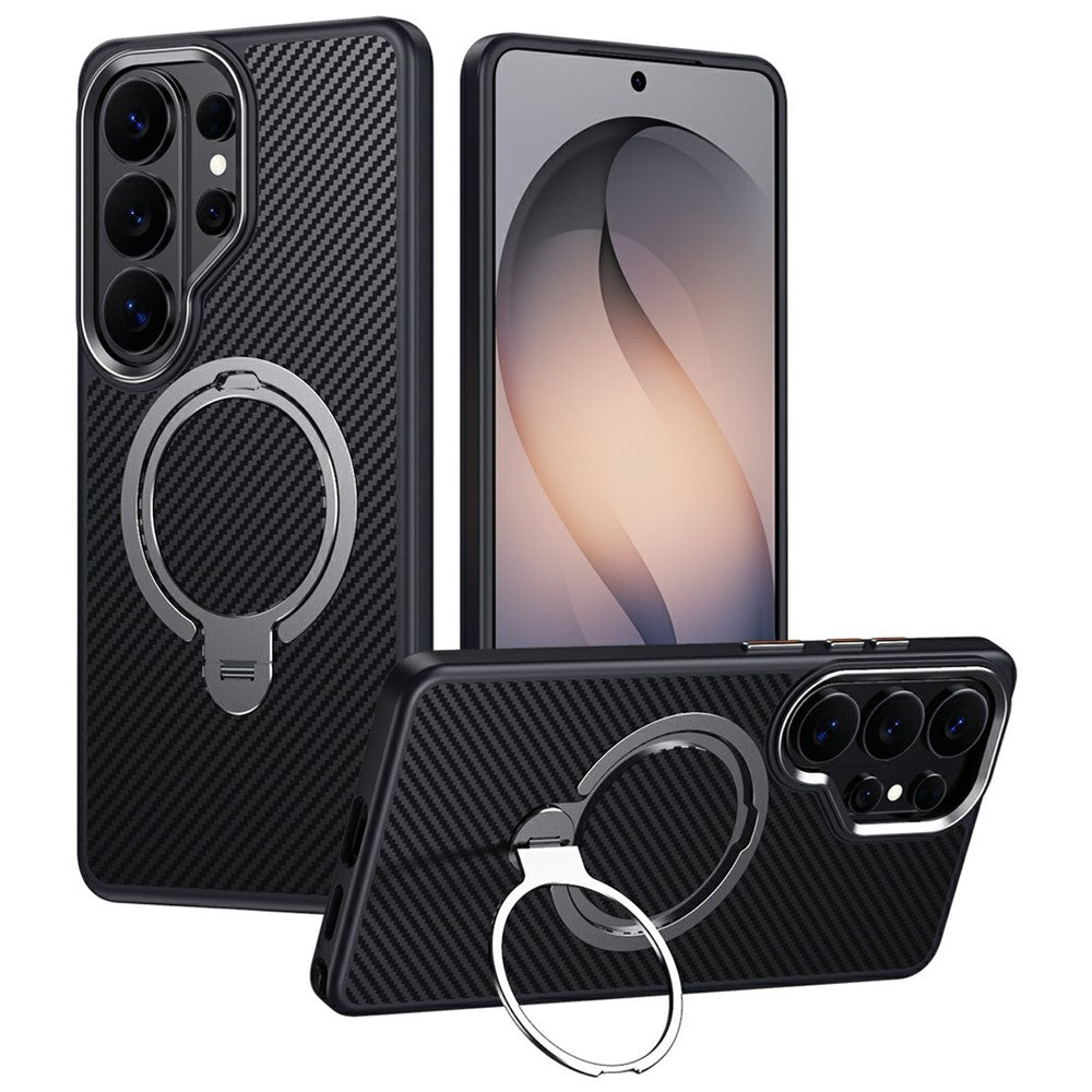 For Samsung Galaxy S26 Ultra Magnetic Case PC + TPU Phone Cover Ring Holder Carbon Fiber Texture