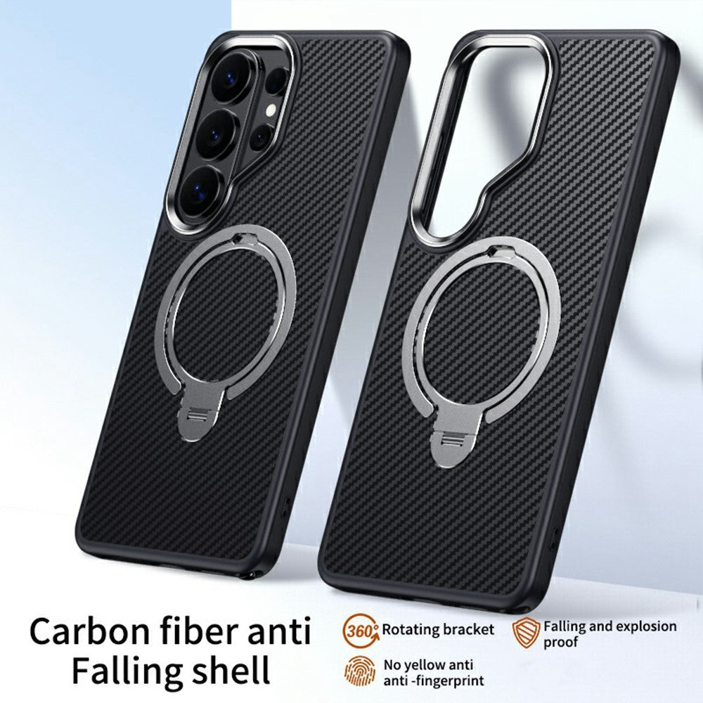 For Samsung Galaxy S26 Ultra Magnetic Case PC + TPU Phone Cover Ring Holder Carbon Fiber Texture
