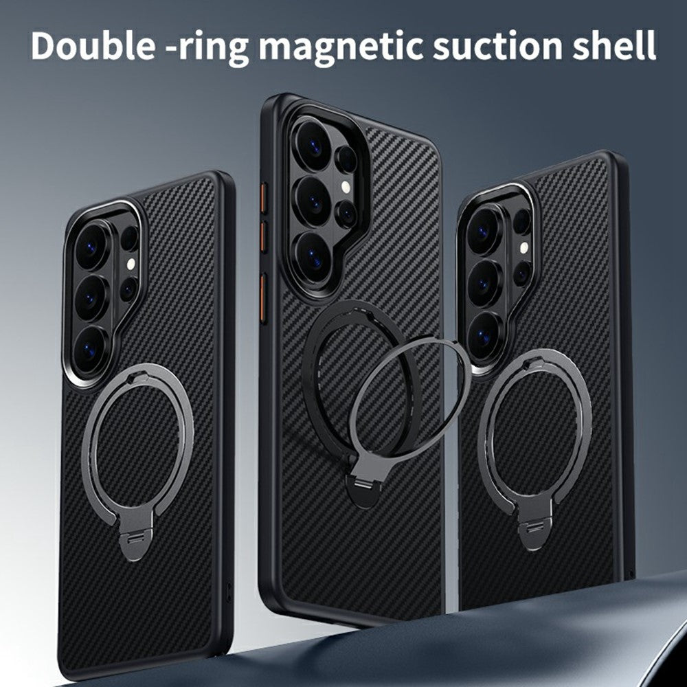 For Samsung Galaxy S26 Ultra Magnetic Case PC + TPU Phone Cover Ring Holder Carbon Fiber Texture