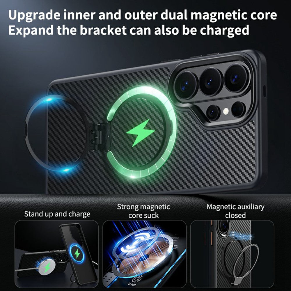 For Samsung Galaxy S26 Ultra Magnetic Case PC + TPU Phone Cover Ring Holder Carbon Fiber Texture