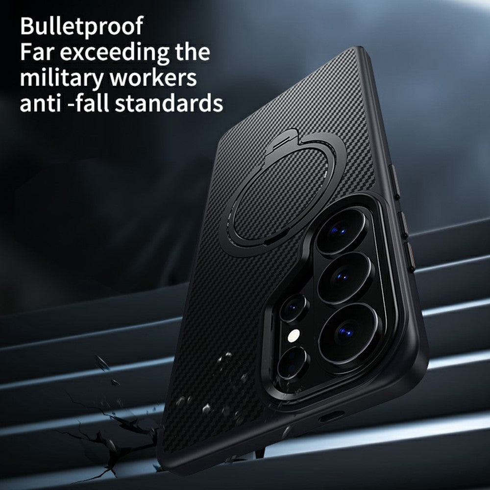 For Samsung Galaxy S26 Ultra Magnetic Case PC + TPU Phone Cover Ring Holder Carbon Fiber Texture