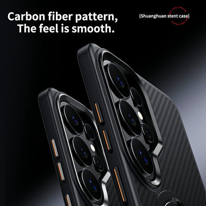 For Samsung Galaxy S26 Ultra Magnetic Case PC + TPU Phone Cover Ring Holder Carbon Fiber Texture
