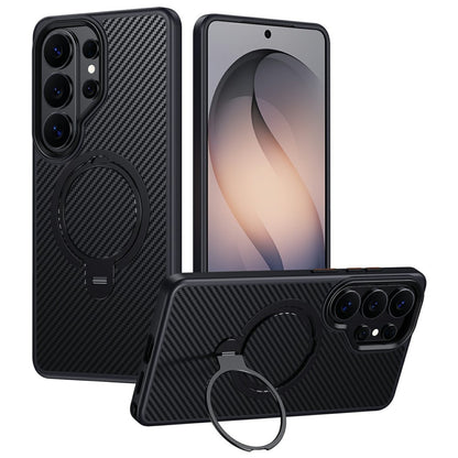 For Samsung Galaxy S26 Ultra Magnetic Case PC + TPU Phone Cover Ring Holder Carbon Fiber Texture