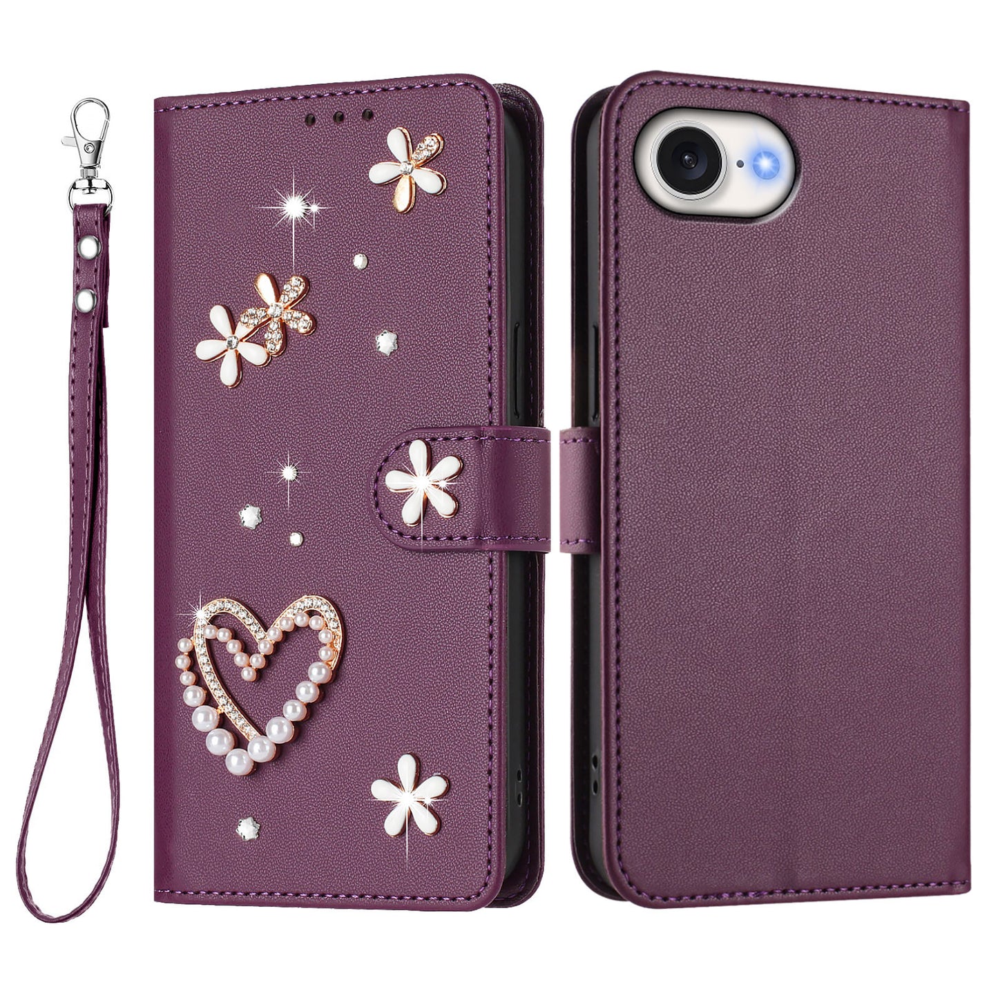 For iPhone 17e / iPhone 16e Case Pearls Heart Diamond Flower Decor Leather Wallet Phone Cover with Wrist Strap
