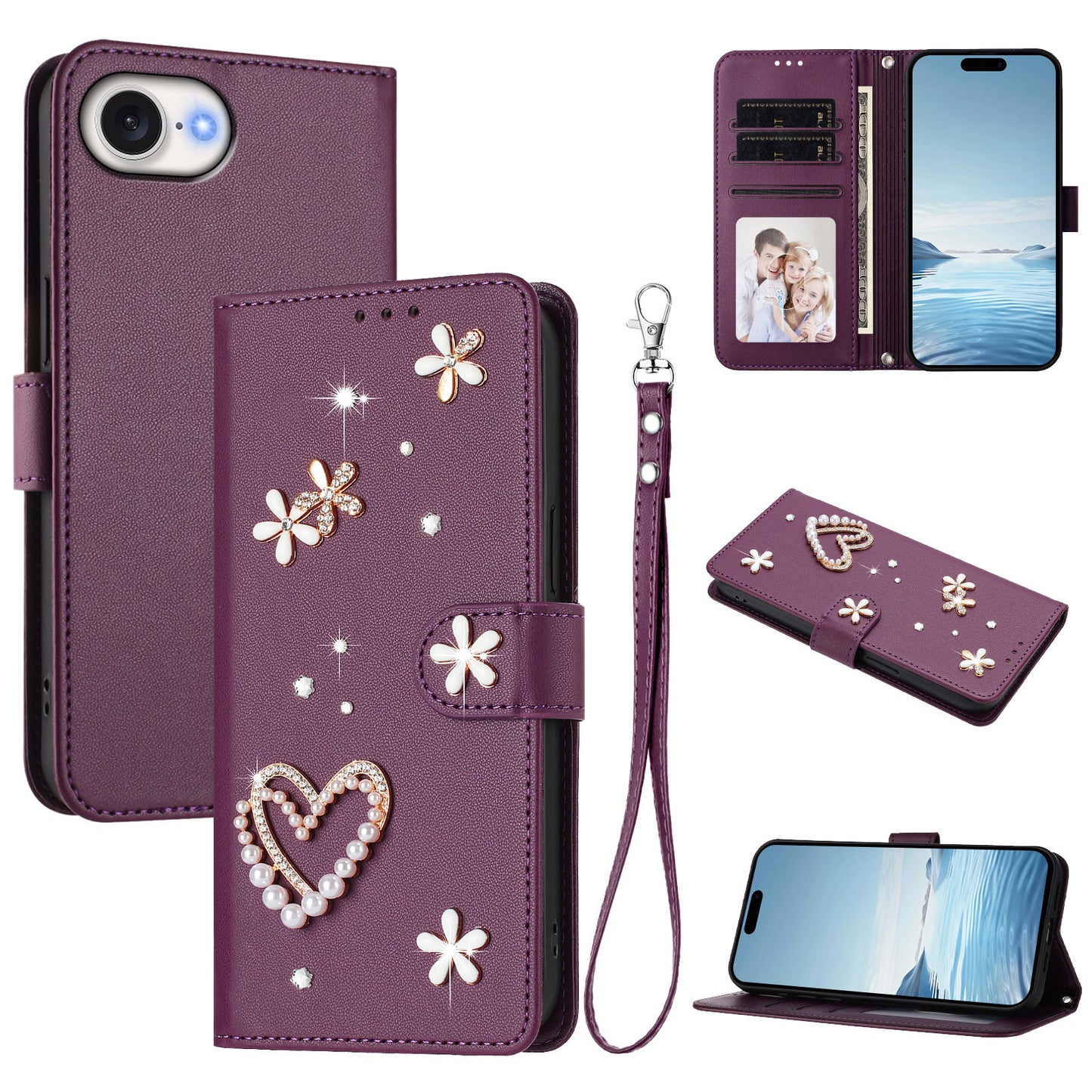 For iPhone 17e / iPhone 16e Case Pearls Heart Diamond Flower Decor Leather Wallet Phone Cover with Wrist Strap