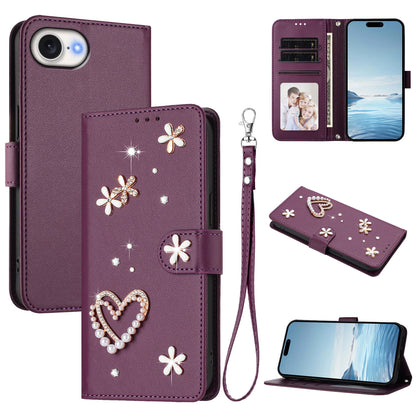 For iPhone 17e / iPhone 16e Case Pearls Heart Diamond Flower Decor Leather Wallet Phone Cover with Wrist Strap