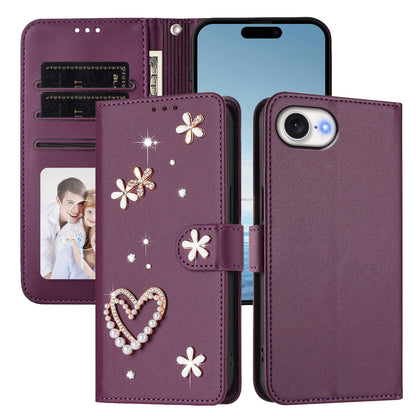 For iPhone 17e / iPhone 16e Case Pearls Heart Diamond Flower Decor Leather Wallet Phone Cover with Wrist Strap