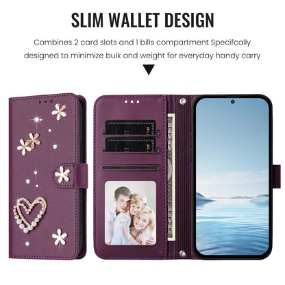 For iPhone 17e / iPhone 16e Case Pearls Heart Diamond Flower Decor Leather Wallet Phone Cover with Wrist Strap