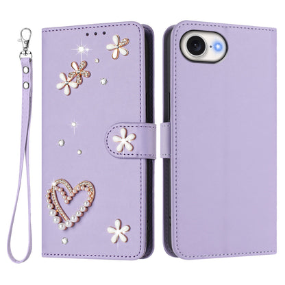 For iPhone 17e / iPhone 16e Case Pearls Heart Diamond Flower Decor Leather Wallet Phone Cover with Wrist Strap