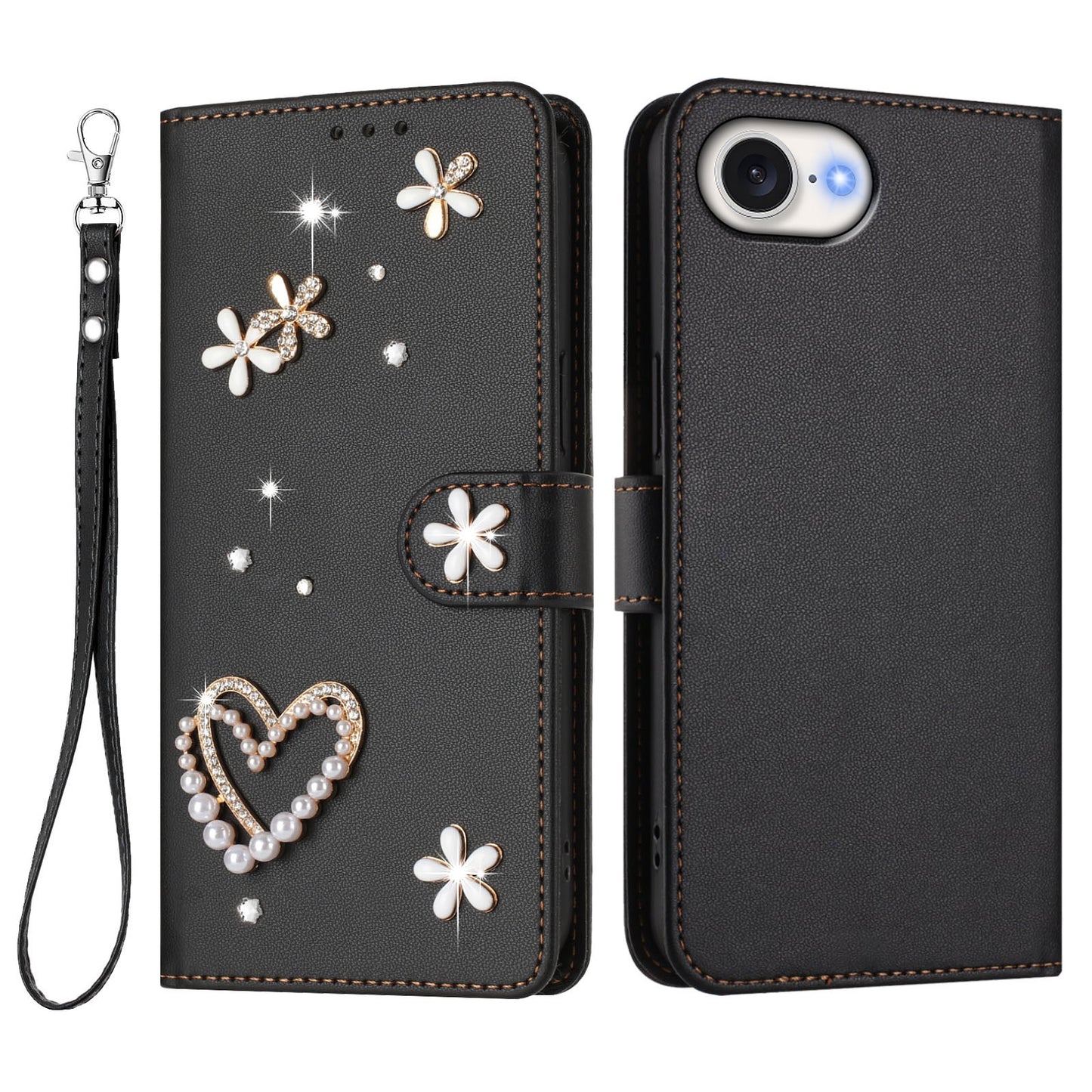 For iPhone 17e / iPhone 16e Case Pearls Heart Diamond Flower Decor Leather Wallet Phone Cover with Wrist Strap