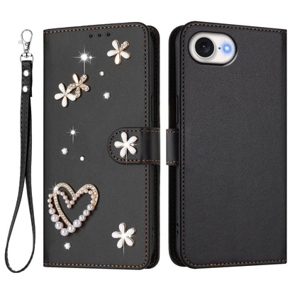 For iPhone 17e / iPhone 16e Case Pearls Heart Diamond Flower Decor Leather Wallet Phone Cover with Wrist Strap