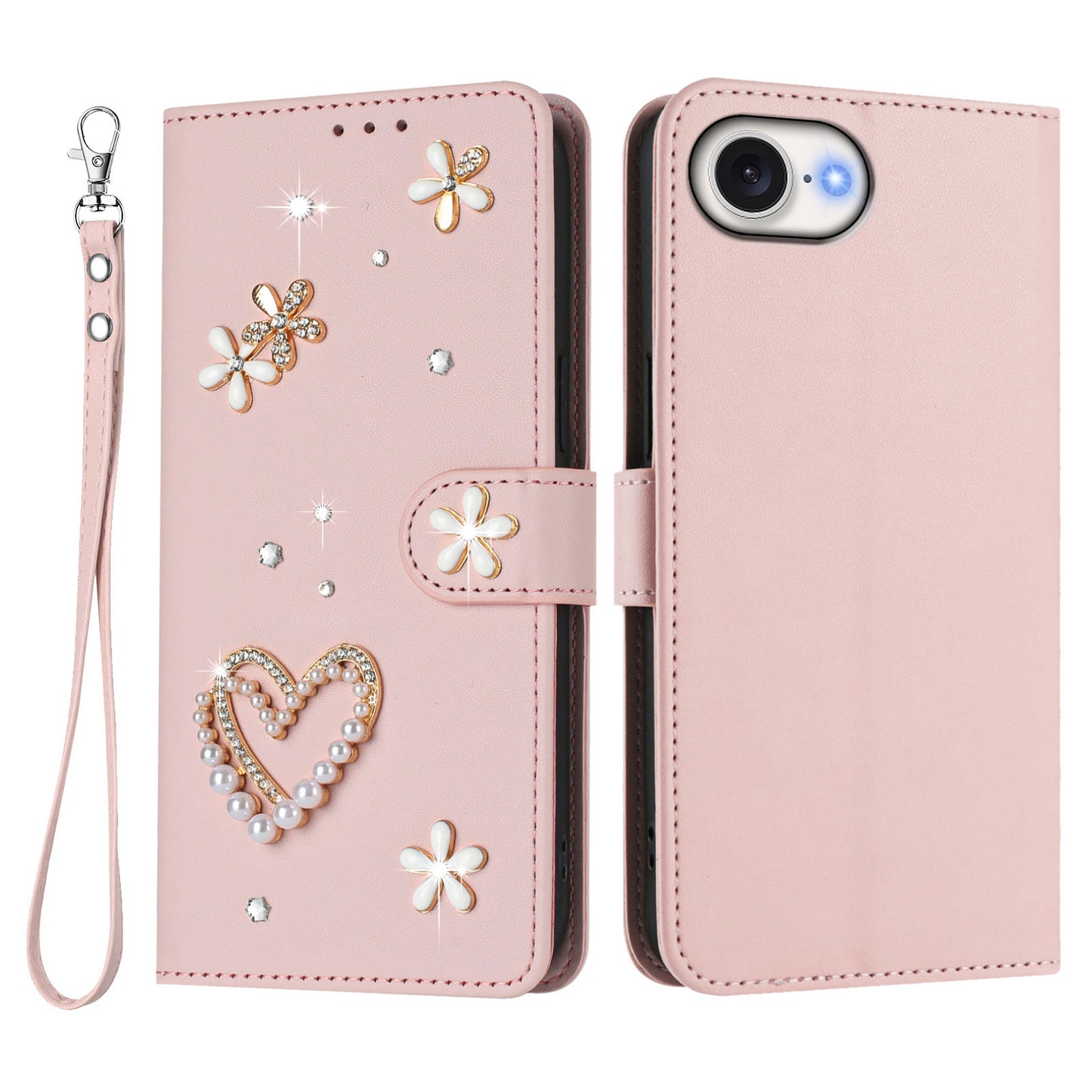 For iPhone 17e / iPhone 16e Case Pearls Heart Diamond Flower Decor Leather Wallet Phone Cover with Wrist Strap