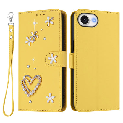 For iPhone 17e / iPhone 16e Case Pearls Heart Diamond Flower Decor Leather Wallet Phone Cover with Wrist Strap