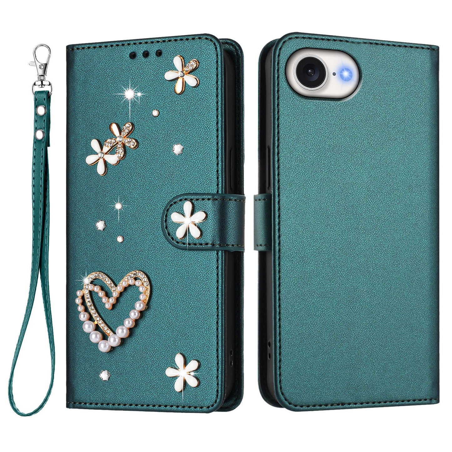 For iPhone 17e / iPhone 16e Case Pearls Heart Diamond Flower Decor Leather Wallet Phone Cover with Wrist Strap