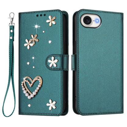 For iPhone 17e / iPhone 16e Case Pearls Heart Diamond Flower Decor Leather Wallet Phone Cover with Wrist Strap