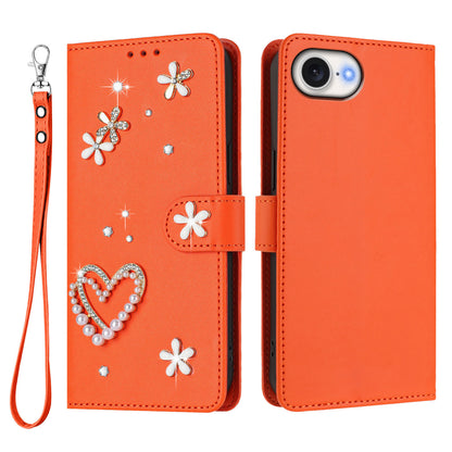 For iPhone 17e / iPhone 16e Case Pearls Heart Diamond Flower Decor Leather Wallet Phone Cover with Wrist Strap
