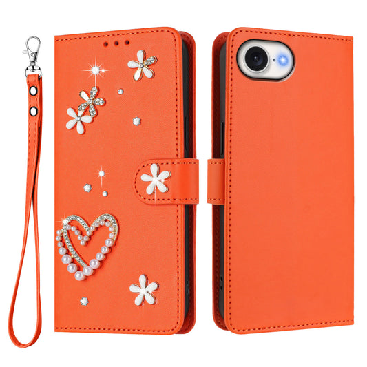 For iPhone 17e / iPhone 16e Case Pearls Heart Diamond Flower Decor Leather Wallet Phone Cover with Wrist Strap