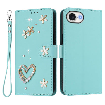 For iPhone 17e / iPhone 16e Case Pearls Heart Diamond Flower Decor Leather Wallet Phone Cover with Wrist Strap