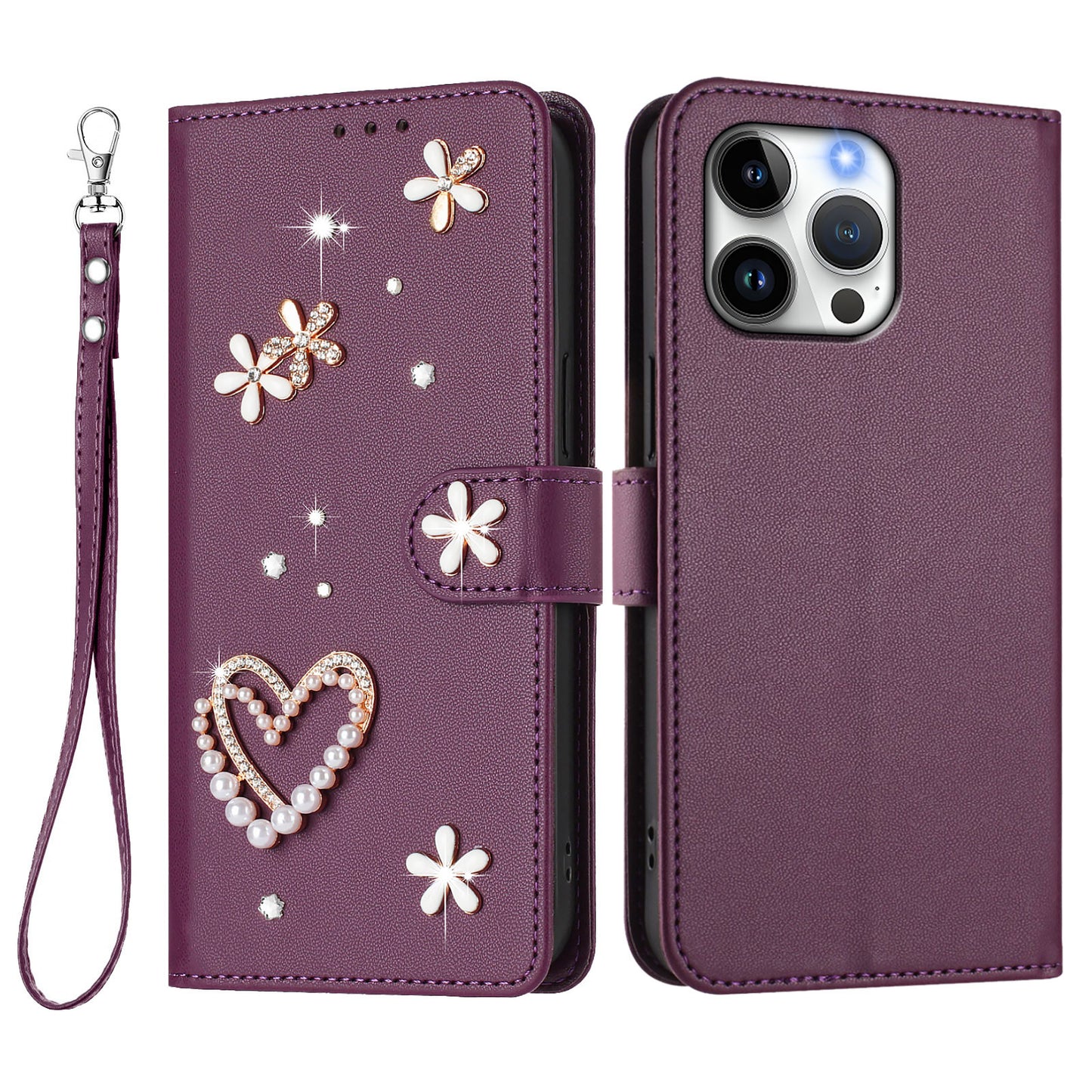 For iPhone 16 Pro Max Case Pearls Heart Diamond Flower Decor Leather Wallet Phone Cover with Wrist Strap