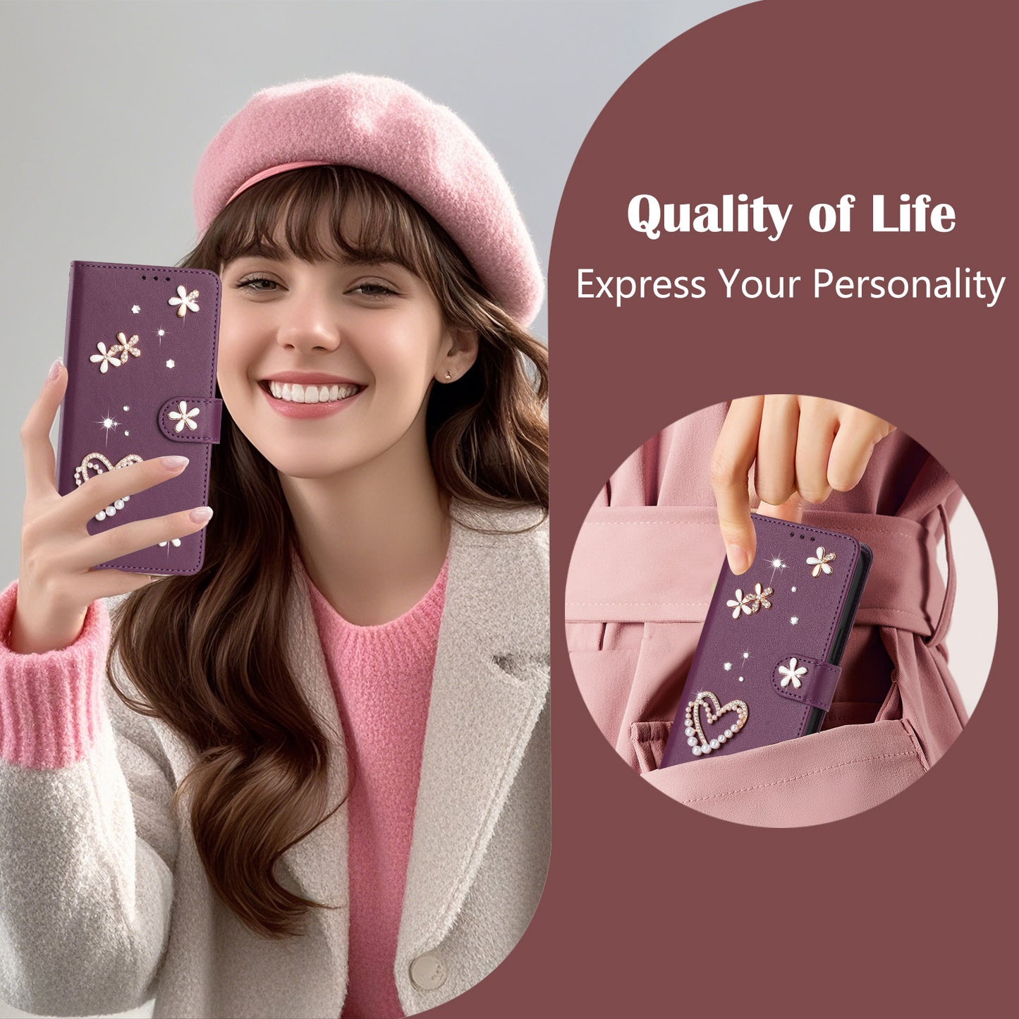For iPhone 16 Pro Max Case Pearls Heart Diamond Flower Decor Leather Wallet Phone Cover with Wrist Strap