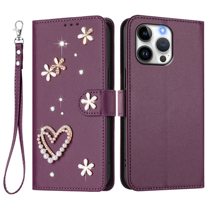 For iPhone 16 Pro Max Case Pearls Heart Diamond Flower Decor Leather Wallet Phone Cover with Wrist Strap
