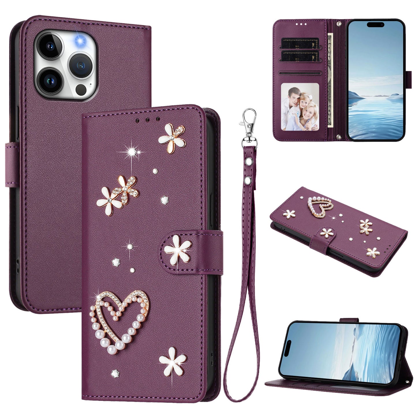 For iPhone 16 Pro Max Case Pearls Heart Diamond Flower Decor Leather Wallet Phone Cover with Wrist Strap
