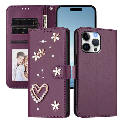 For iPhone 16 Pro Max Case Pearls Heart Diamond Flower Decor Leather Wallet Phone Cover with Wrist Strap