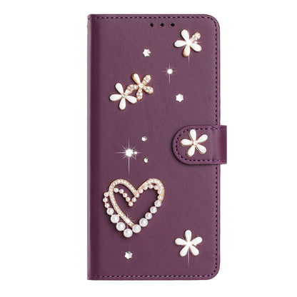 For iPhone 16 Pro Max Case Pearls Heart Diamond Flower Decor Leather Wallet Phone Cover with Wrist Strap