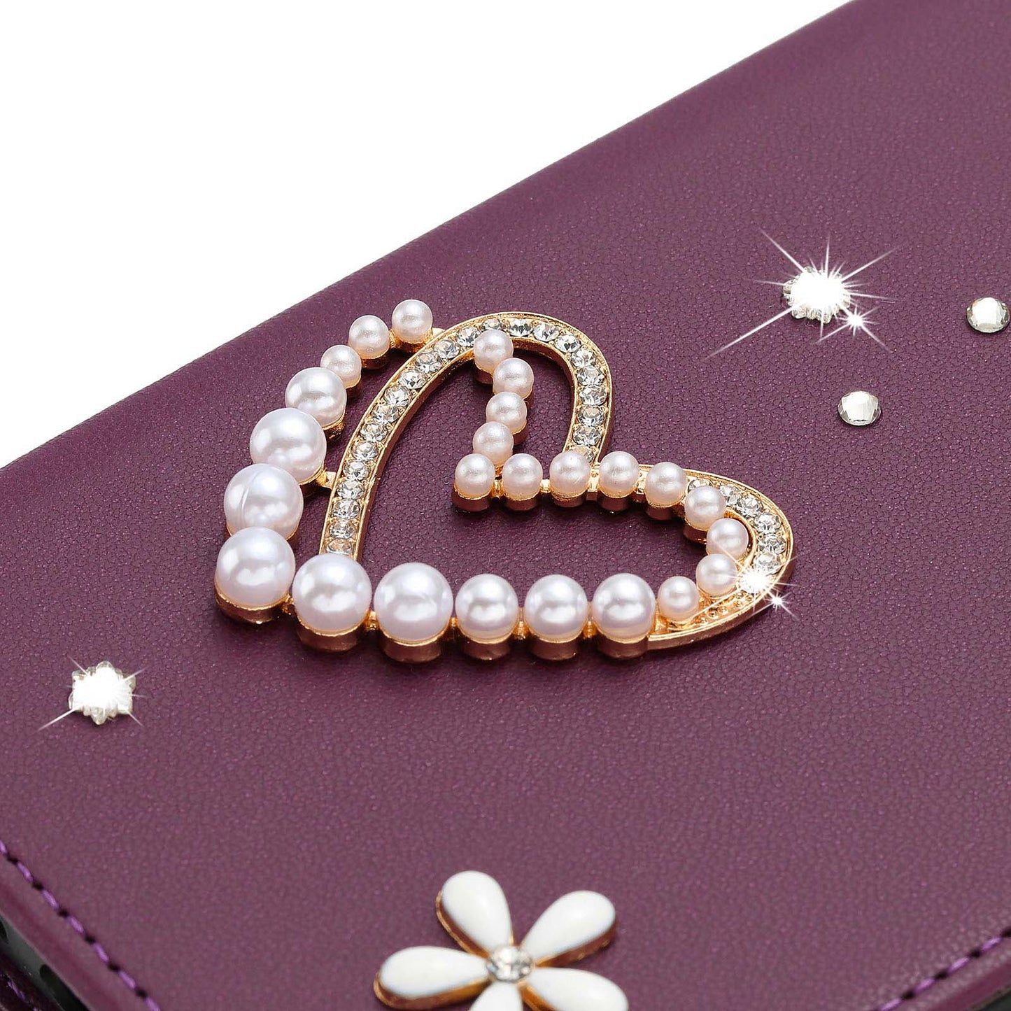 For iPhone 16 Pro Max Case Pearls Heart Diamond Flower Decor Leather Wallet Phone Cover with Wrist Strap