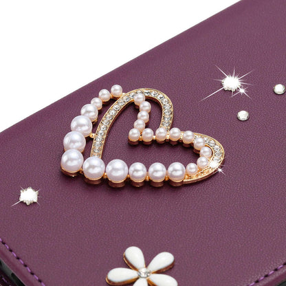 For iPhone 16 Pro Max Case Pearls Heart Diamond Flower Decor Leather Wallet Phone Cover with Wrist Strap