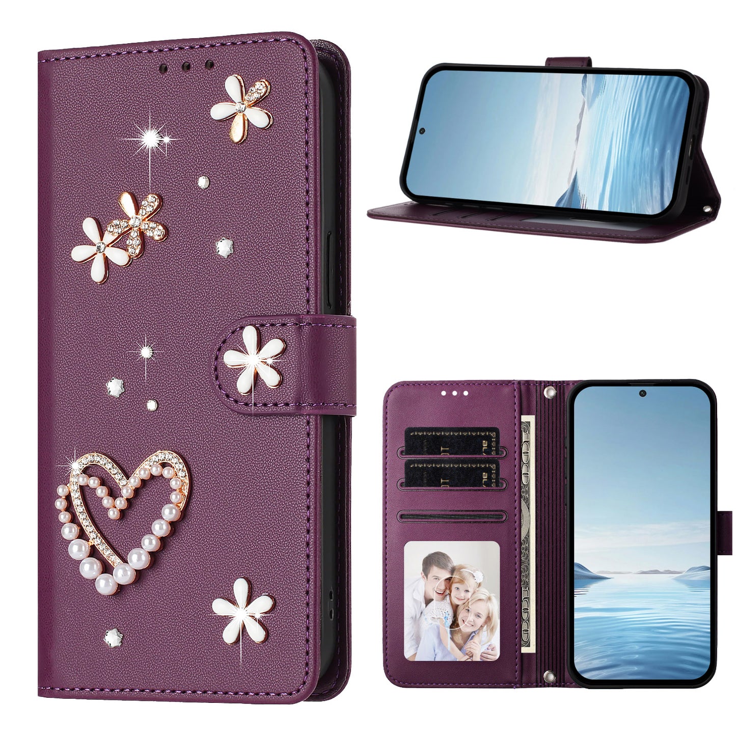 For iPhone 16 Pro Max Case Pearls Heart Diamond Flower Decor Leather Wallet Phone Cover with Wrist Strap