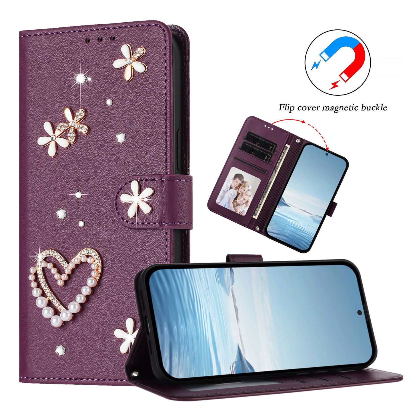 For iPhone 16 Pro Max Case Pearls Heart Diamond Flower Decor Leather Wallet Phone Cover with Wrist Strap