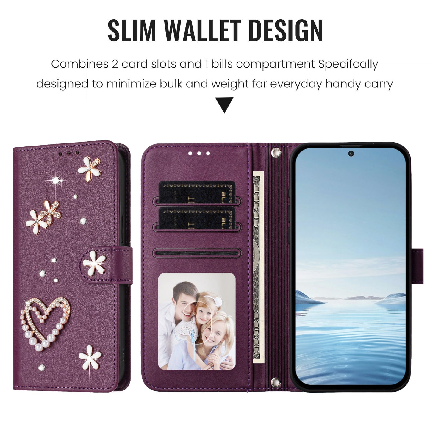 For iPhone 16 Pro Max Case Pearls Heart Diamond Flower Decor Leather Wallet Phone Cover with Wrist Strap