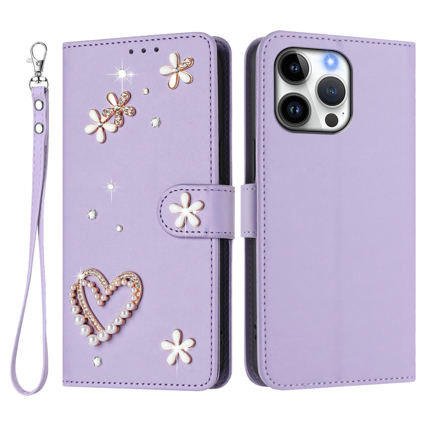 For iPhone 16 Pro Max Case Pearls Heart Diamond Flower Decor Leather Wallet Phone Cover with Wrist Strap