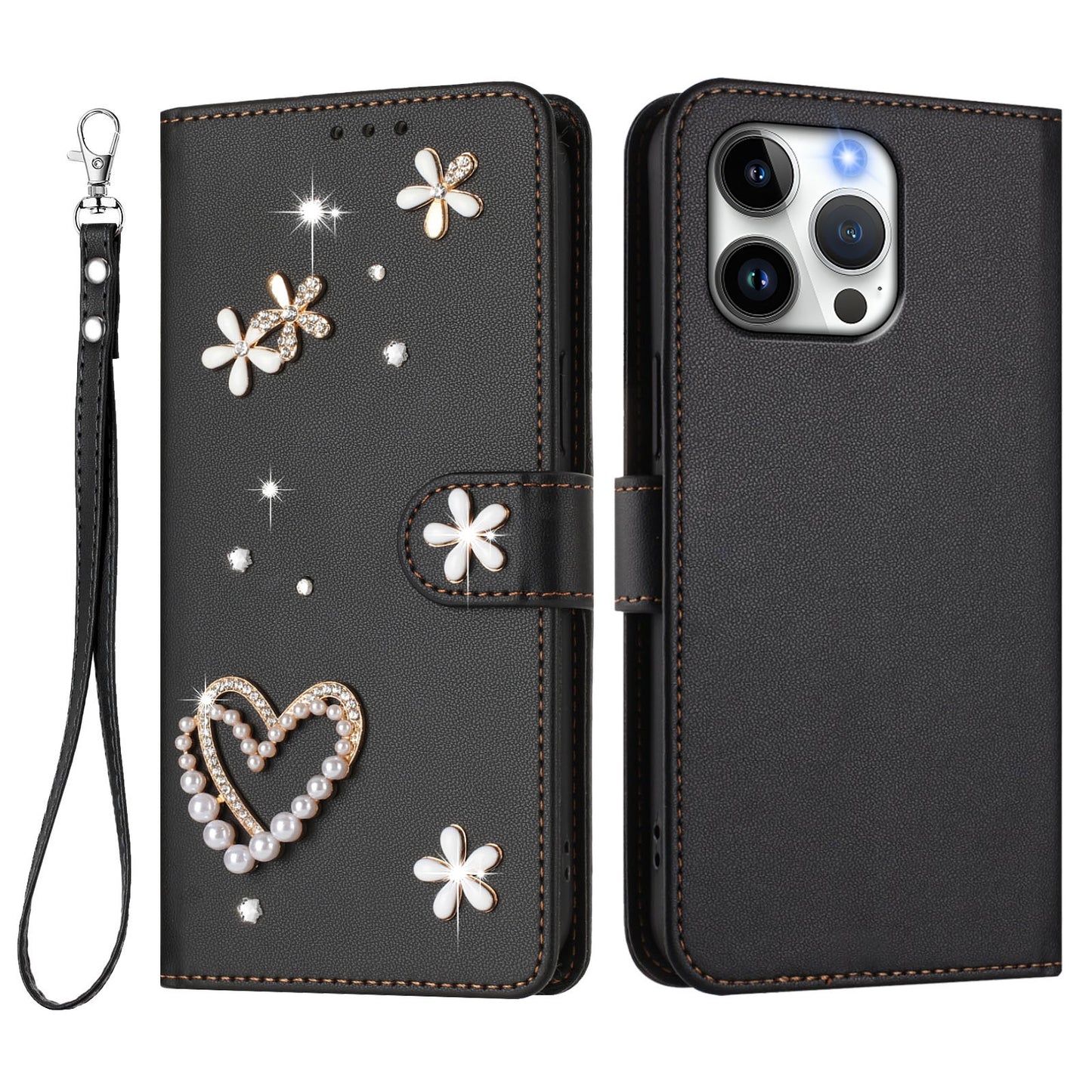 For iPhone 16 Pro Max Case Pearls Heart Diamond Flower Decor Leather Wallet Phone Cover with Wrist Strap