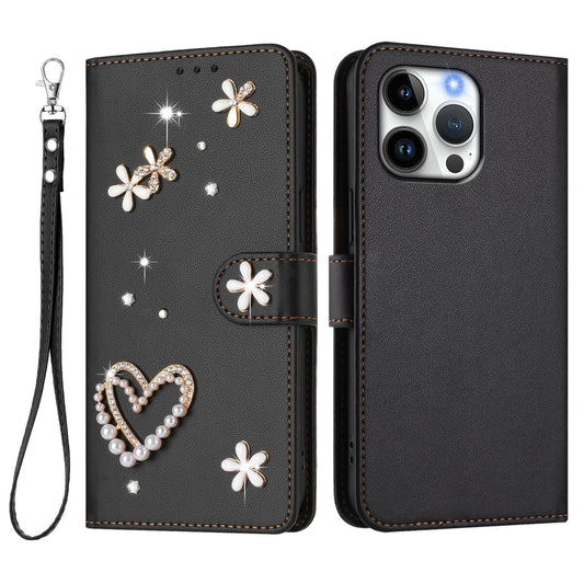 For iPhone 16 Pro Max Case Pearls Heart Diamond Flower Decor Leather Wallet Phone Cover with Wrist Strap